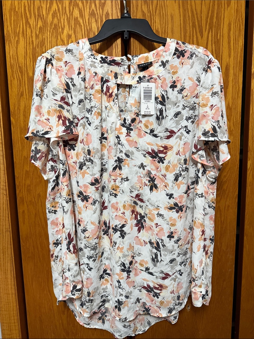torrid White Floral Keyhole Tie-Back Blouse with Peach and Gray Accents